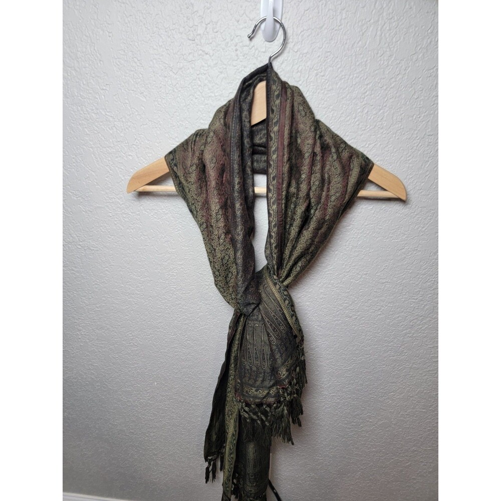 J.S.D.A. & Co Paisley Scarf Wrap Shawl Olive Burgundy Fringe Made in India